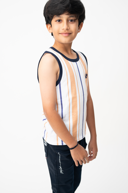 Boys Striped Logo Tank – White/Brown