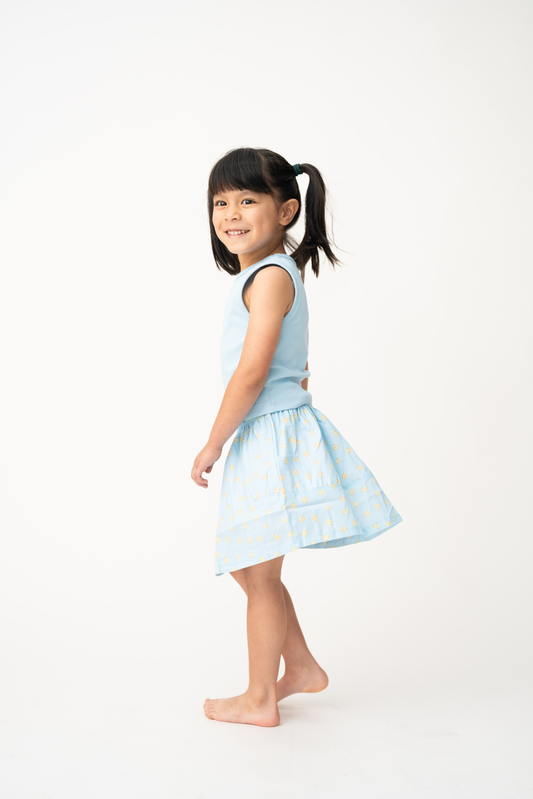 Bloom Print Cotton Skirt - Sky Blue