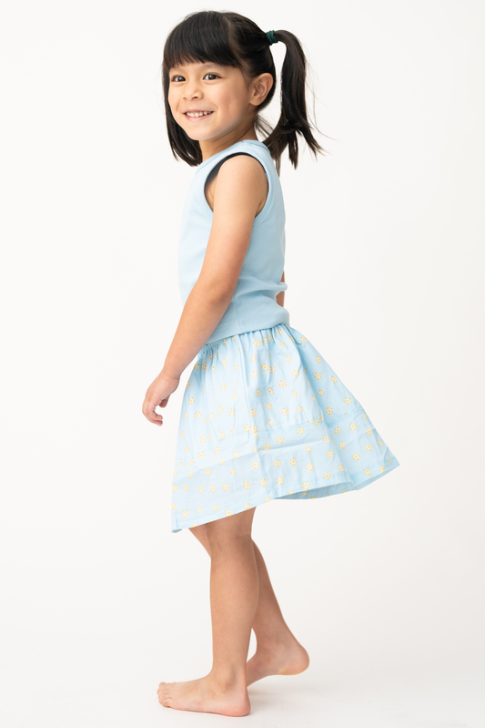 Bloom Print Cotton Skirt - Sky Blue